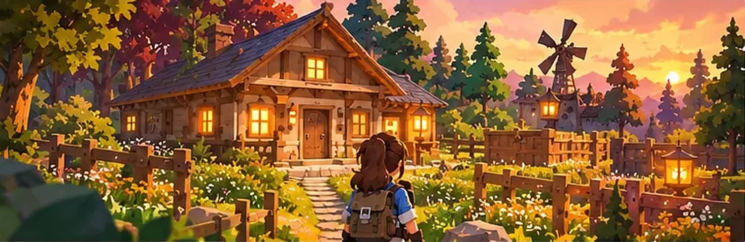 A timber house with glowing windows at sunset, surrounded by a fenced garden, lanterns and a windmill, with the explorer walking up the path.