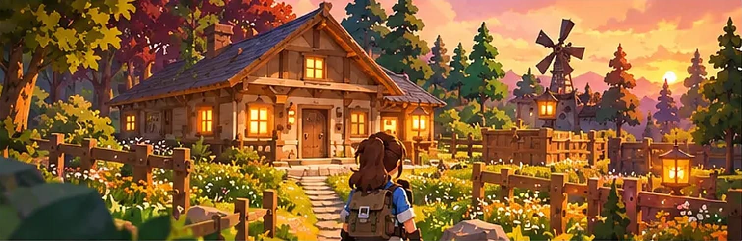 A timber house with glowing windows at sunset, surrounded by a fenced garden, lanterns and a windmill, with the explorer walking up the path.