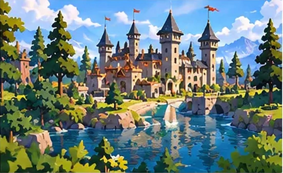 A distant stone castle with pointed towers beside a calm lake, framed by pine trees.