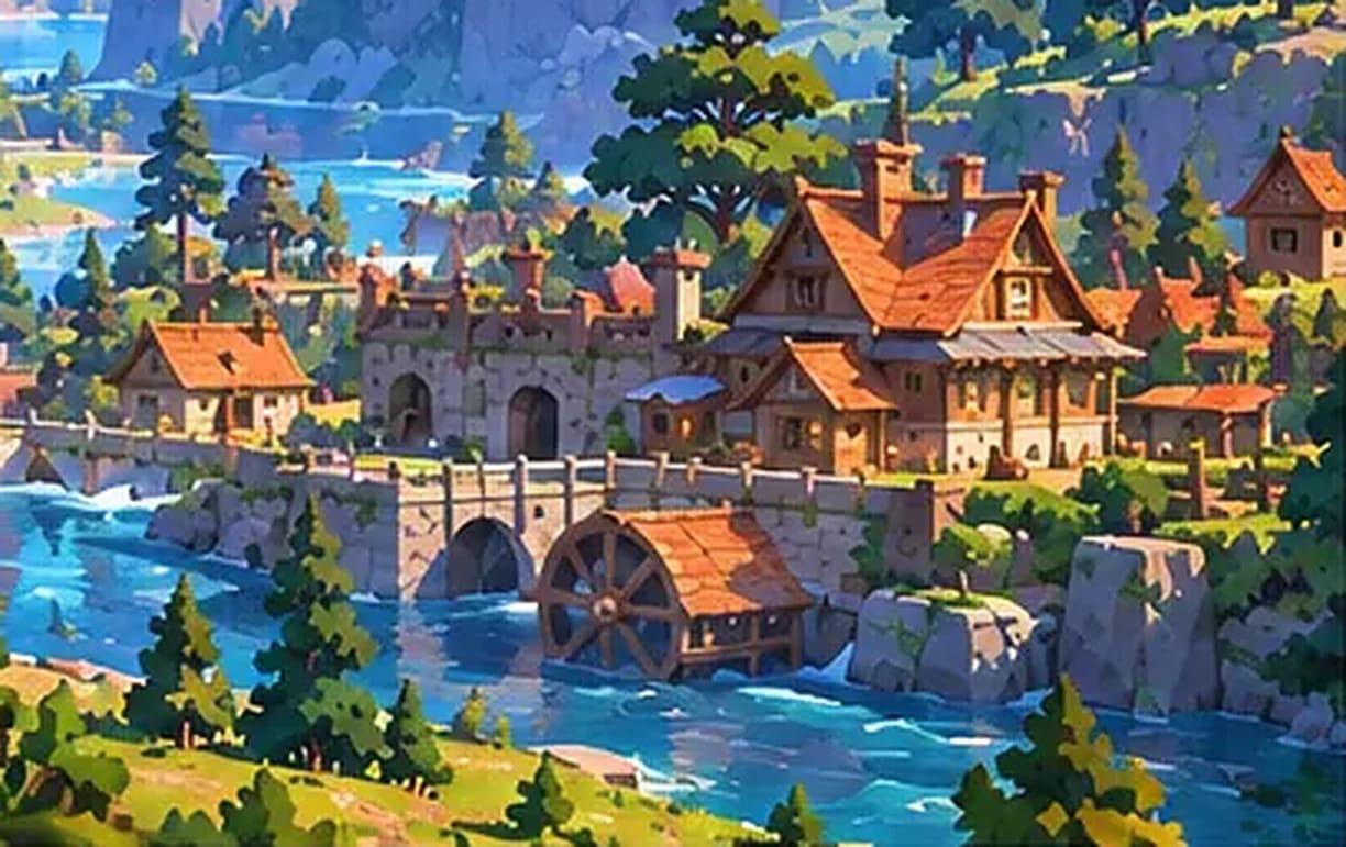 Close view of a riverside settlement with timber houses, a stone bridge and a water wheel.