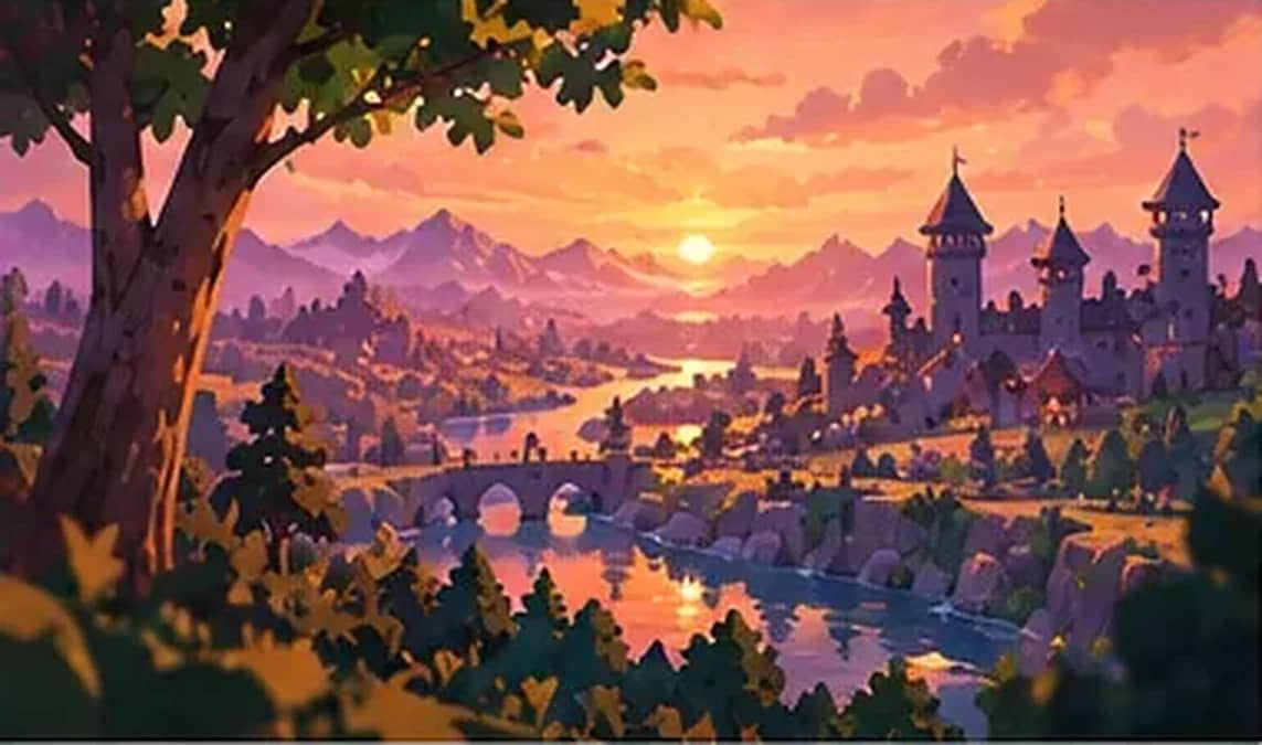 A fortified town with towers and a stone bridge over a river, glowing under a pink and orange sunset.