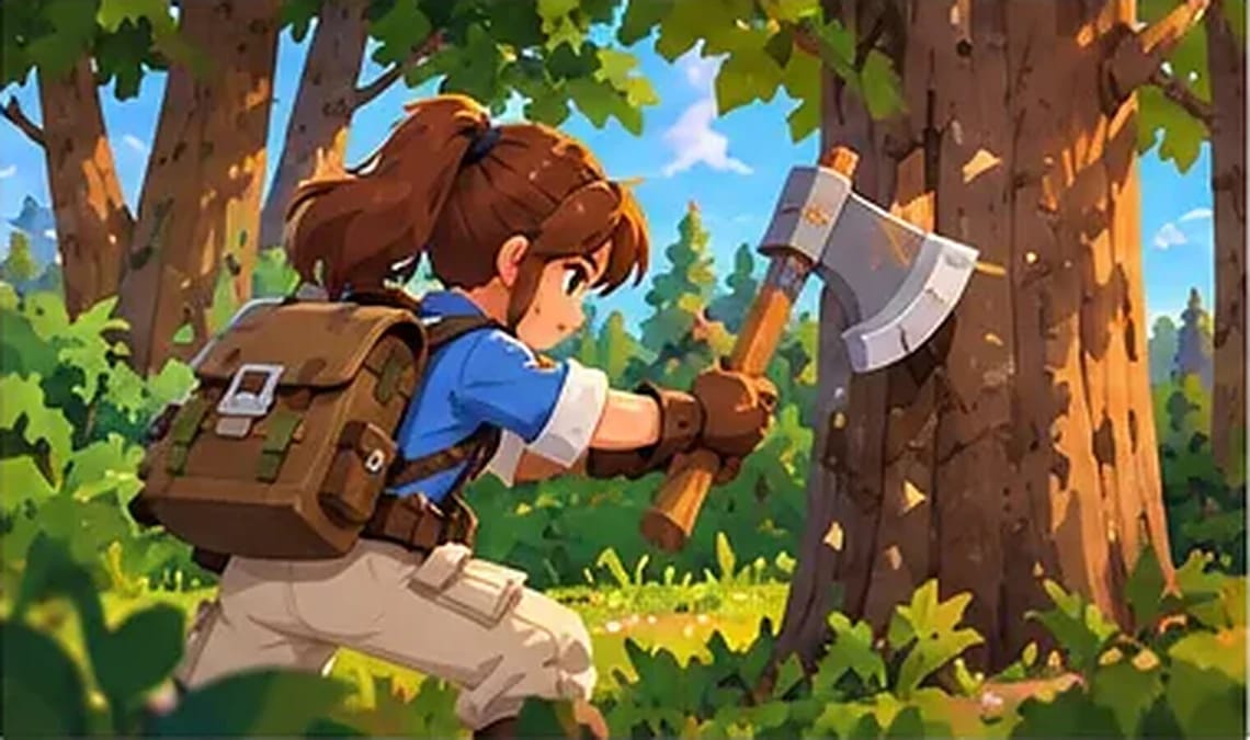 The explorer swings an axe into a large tree trunk in a sunlit forest.